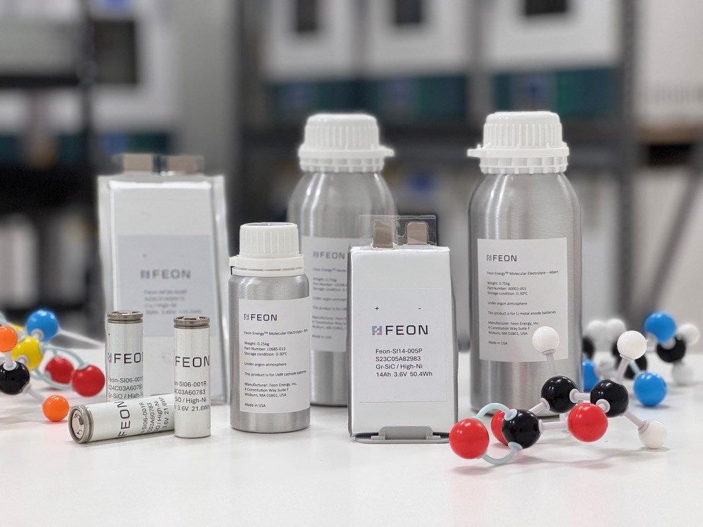 A display of Feon Energy’s advanced electrolyte and battery product lineup.